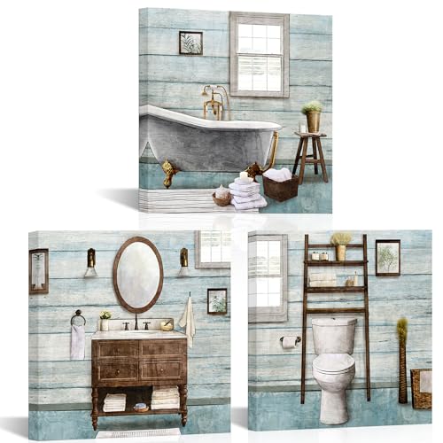 Visual Art Decor Bathroom wall Art Farmhouse Bathroom Decor Painting, Framed Canvas Wall Art 12x12inchx3Pieces (Turquoise) - color: Turquoise