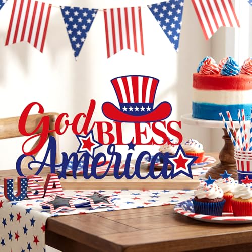 Roowest Metal God Bless America Table Decor Sign with Wood Base - style: Independence Day