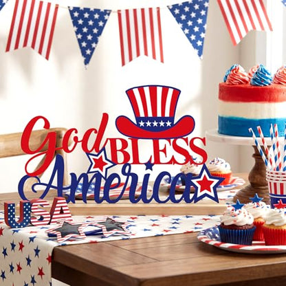 Roowest Metal God Bless America Table Decor Sign with Wood Base - style: Independence Day