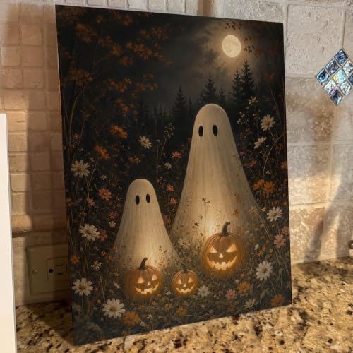 Halloween Wall Art Decor Ghost Pumpkin Wildflowers Canvas Print Framed - color: D