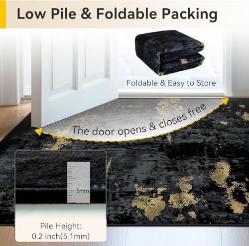 RELEANY Washable Runner 2'x6' Abstract Area Rug for Hallway Black Gold - color: Black/Gold, size: 2' x 6' (Runner)