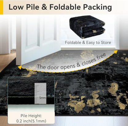 RELEANY Washable Runner 2'x6' Abstract Area Rug for Hallway Black Gold - color: Black/Gold, size: 2' x 6' (Runner)