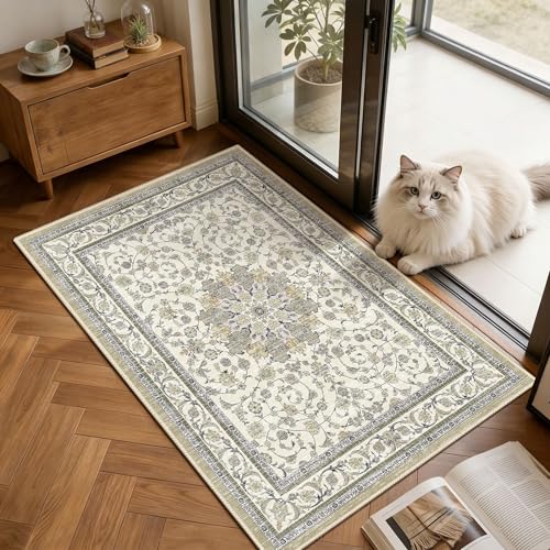 Arenarug Washable 2x3 Area Rug, Distressed Vintage Floral Small Throw Rug, Soft Low-Pile Non-Slip Indoor Rug for Entryway, Kitchen, Bathroom and Bedroom, Ivory/Pale Beige - color: Ivory / Pale Beige, size: 2' x 3' (Rectangular)