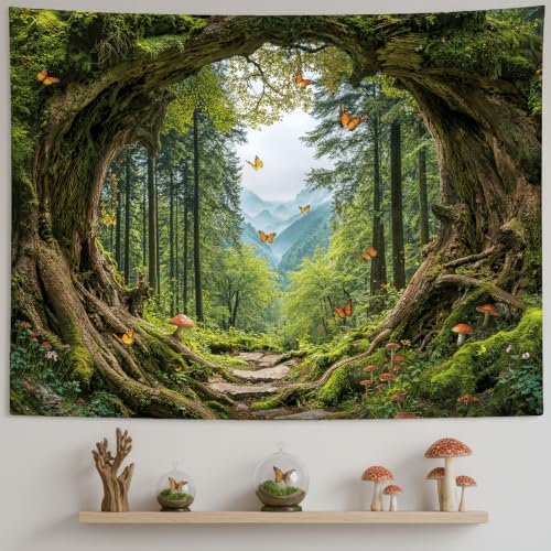 AMM Green Nature Forest Tapestry 60x44 Inch | Tree Mountain Tapestry Wall Hanging, Jungle Butterfly Mushroom Landscape Wall Art, Ideal for Bedroom Dorm Living Room - color: Green Treehole, size: 60"L x 44"W