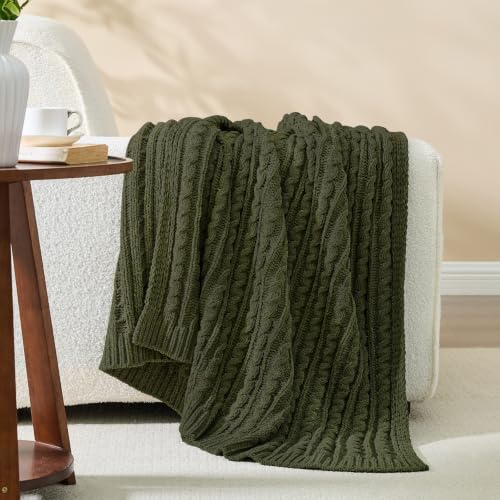 Dark Khaki Cable Knit Throw Blanket,Extra Thick Cozy Sofa Blanket 50x60 - color: Olive Green, size: 50"x60"