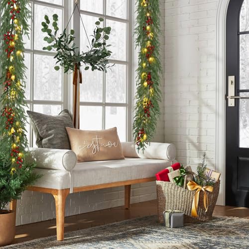 YoleShy 6FT Norfolk Pine Garland Christmas Garland with Lights Red Berry - color: Red Berry