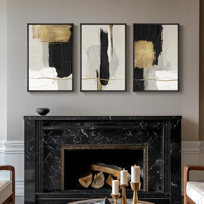 Framed Black and White Abstract Wall Art Set, 3 Piece Modern Canvas Prints - color: Block, size: 16" W x 24" H x 3Pcs