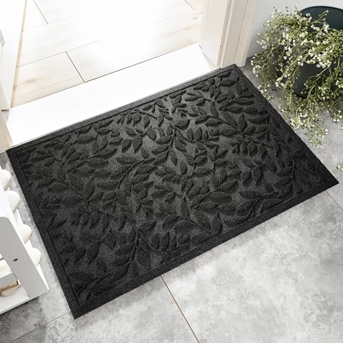 Black Leaves Outdoor Indoor Entrance Doormats, Absorbent Durable Heavy Duty Welcome Front Door Mat,Thick Natural Rubber Back,Easy Clean Entryway Mat 23x35 Inch, Low Profile - color: Leaves-black, size: 1'11" x 2'11" (Rectangular)
