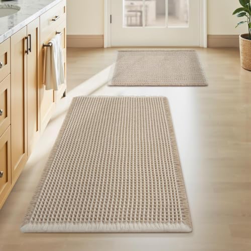 Upgraded Waffle Bath Mat Set of 2 Absorbent Bathroom Mat 17"x24" + 20"x32" - color: Brown & Cream, size: 17" x 24" + 20" x 32"