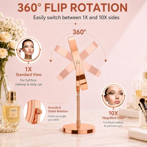 DEIOVWXS Makeup Mirror, Rechargeable Vanity Mirror with 3 Lights, 1X/10X - color: Rose Gold