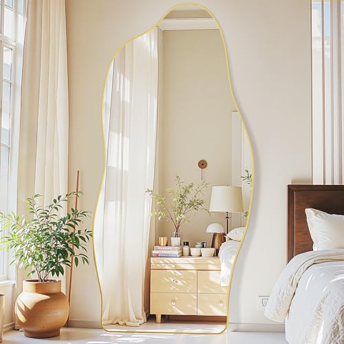 Antok Irregular Full Length Mirror, 76"x36" Asymmetrical Floor Mirror with Stand, Standing Hanging Leaning Irregular Mirrors for Bedroom Living Room Entryway, Cloud Shaped, Golden - color: Gold, size: 76"L x 36"W, style: Cloud Shaped Style