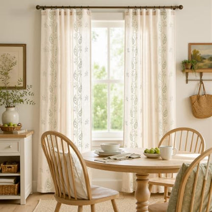 jinchan Linen Curtains 96 Inch Sage Floral Drapes Back Tab 2 Panels Set - color: Sage on Beige, size: 50"W x 96"L (Pack of 2)
