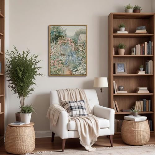 French Country Garden Framed Canvas Wall Art 16x24 inch - color: Fence Garden, size: 16"x24" Natural