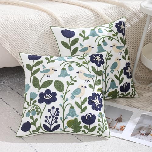 Embroidered Throw Pillow Covers 18x18 inch Pack of 2 Navy Blue Birds - color: Green Leaves With Birds