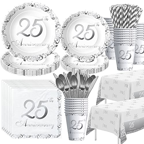 APOWBLS 25th Anniversary Decorations Tableware Wedding, Silver, Serves 24