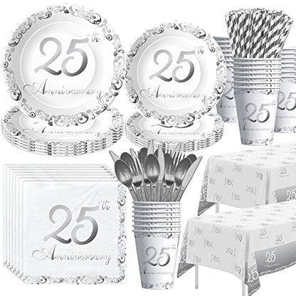 APOWBLS 25th Anniversary Decorations Tableware Wedding, Silver, Serves 24