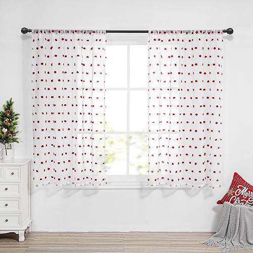 MYSKY HOME Red Pom Pom Curtains for Kitchen Windows 45 Inch Long 2 Panels - color: Red Pom Pom, size: 50"W x 45"L (Pack of 2)
