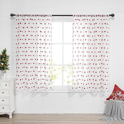 MYSKY HOME Red Pom Pom Curtains for Kitchen Windows 45 Inch Long 2 Panels - color: Red Pom Pom, size: 50"W x 45"L (Pack of 2)
