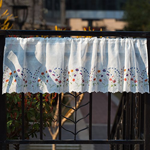027 Floral Embroidery Pastoral Style Valance, White Sheer Flowers Valances,Window Treatment for Kitchen,W60XL18 inch (Wild Flower) - size: 60"W x 18"L (Pack of 1)