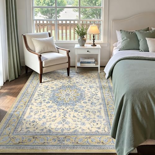 Arenarug 3x5 Area Rug for Entryway, Washable Distressed Vintage Boho Floral Rug, Soft Low Pile Non Slip Stain & Fade Resistant Carpet for Living Room, Bedroom, Kitchen, Beige Blue - color: Beige Blue, size: 3' x 5' (Rectangular)