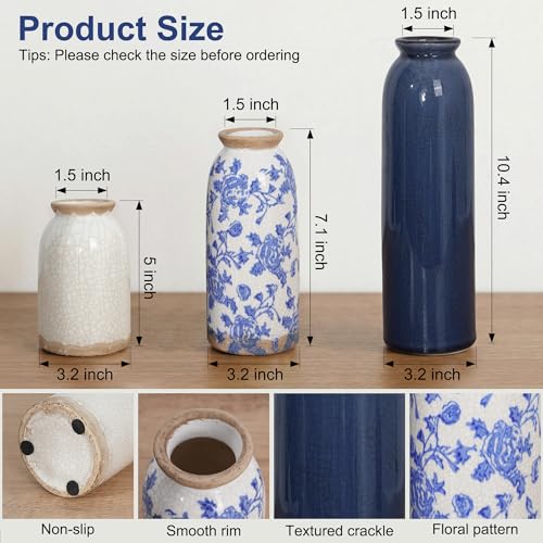 Vintage Ceramic Vase Set of 3, Blue and White Small Flower Vase Chinoiserie Rustic Modern Farmhouse Centerpiece Decorative Vases for Table Entryway Bookshelf Living Room Kitchen Home Decor - color: Vintage- Blue