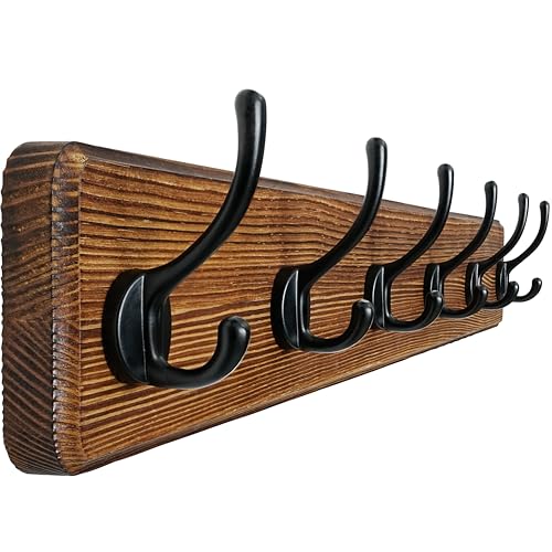 Dseap Coat Rack Wall: 24" Long, Patented, Heavy-Duty, 6-Double-Hooks Wooden Wall Mounted Coat Rack Coat Hanger Hook Rail for Winter Coats Hat Jacket Clothing, Natural & Black - color: Natural & Black, size: L=24"(1pcs)