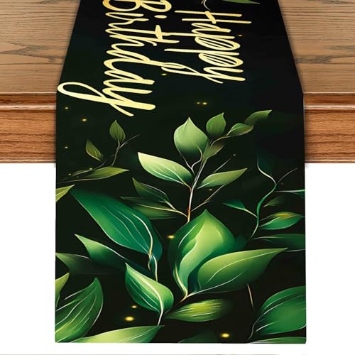 Happy Birthday Table Runner – Green Leaf and Gold Lettering Party Table Decor – 13 x 72 Inch Fabric Runner for Birthday Decorations, Elegant Botanical Theme Party Supplies for Men & Women - color: 63