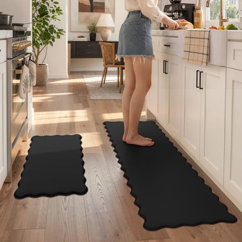 KIMODE Scalloped Kitchen Mats for Floor Cushioned Anti Fatigue,Black Carpet - color: Black, size: 17.3" x 59"+17.3" x 29"--0.47 inches