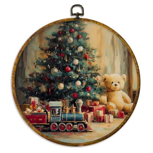 XPH Christmas Toy Round Wall Art Framed, Christmas Circle Wall Decor, Rustic Cozy Cottagecore Winter Xmas Holiday Hanging Canvas Prints for Home Bedroom Kids Room Decoration, 10x10 Inch - color: Christmas 45