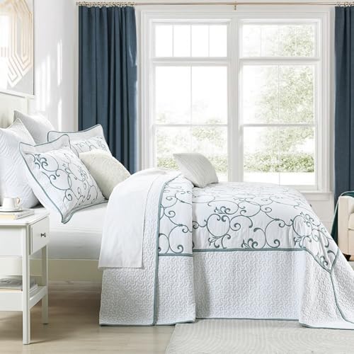 Oversized King Bedspread 120"x120" - 100% Cotton California King Quilt, Embroidered Bedspread Coverlet with Pillow Shams, Lightweight Quilted Bedding Set 3 Piece, Aqua Blue/White - color: White/Aqua Blue(turquoise), size: King/Cal King(120"x120")