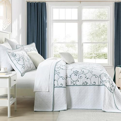 Oversized King Bedspread 120"x120" - 100% Cotton California King Quilt, Embroidered Bedspread Coverlet with Pillow Shams, Lightweight Quilted Bedding Set 3 Piece, Aqua Blue/White - color: White/Aqua Blue(turquoise), size: King/Cal King(120"x120")