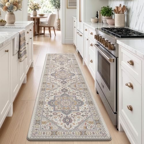 LUMI Kitchen Floor Mat Cushioned Anti Fatigue Runner Rug, 24"x87" - color: Cream & Multi, size: 87"L x 24"W x 0.4"Th