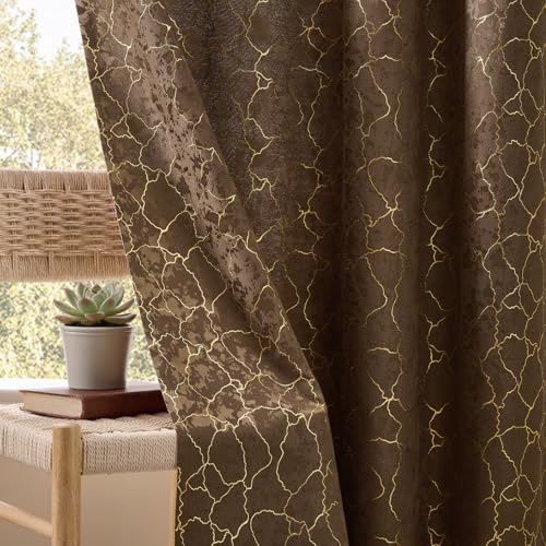 Brown Geometric Curtains 72 Inch Length 2 Panels Vintage Chocolate Curtains Cottage Grommet Room Darkening Gold Foil Drapes Marble Textured Jacquard Window Treatment for Bedroom Dining Room, 52x72 - color: Brown, size: 52"W x 72"L (Pack of 2)