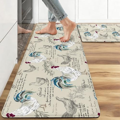 Kitchen Rugs for Floor 2 Pcs Memory Foam Padded Anti Fatigue Kitchen Mat - color: Rooster