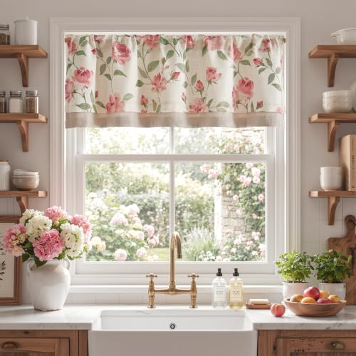 jinchan Blushfield Floral Linen Double Layer Cafe Curtains 16 Inch 1 Panel - color: Pink, size: 50"W x 16"L (Pack of 1)