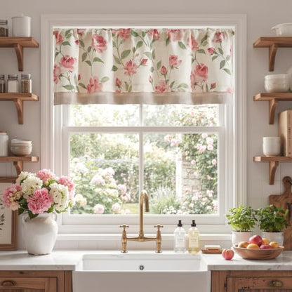 jinchan Blushfield Floral Linen Double Layer Cafe Curtains 16 Inch 1 Panel - color: Pink, size: 50"W x 16"L (Pack of 1)