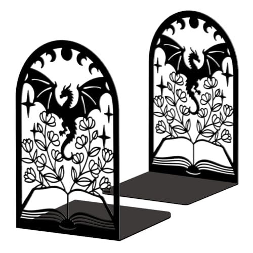 Peacoblue 4.7"x3.5"x7.1" Metal Bookends, Heavy Duty Book Ends for Shelves - style: Book Flower and Dragon
