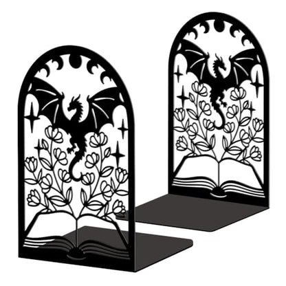 Peacoblue 4.7"x3.5"x7.1" Metal Bookends, Heavy Duty Book Ends for Shelves - style: Book Flower and Dragon