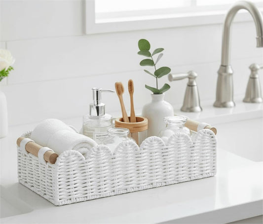 CubesLand Scalloped Toilet Paper Storage Basket W/Handle for Home Decor - color: White, size: m - 14 X 6.3 X 3.9in
