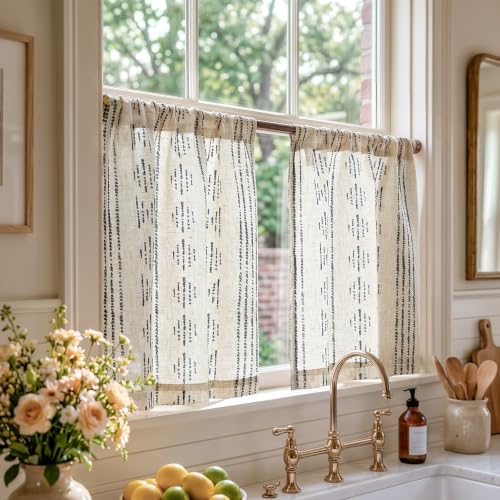 jinchan Linen Striped Tier Curtains for Kitchen Windows Boho - color: Boho Black | on Beige, size: 26"W x 20"L (Pack of 2)