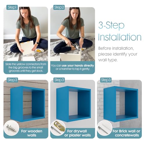 Kaboon Cube Floating Shelves Set2, Display Shelves Wall Mount 7.75" D x 12.5" W x 12.5" H, (Cyan, Square 2 Cubes) - color: Cyan, size: Square-Set2