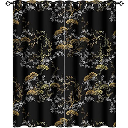 Cool Japanese Grommet Blackout Curtains for Living Room,Room Darkening Modern Black Gold Japanese Chinese Pine Pattern Window Drapes,2 Panels 45L x 21W - color: Cool Japanese, size: 42"W x 45"L (Pack of 1)