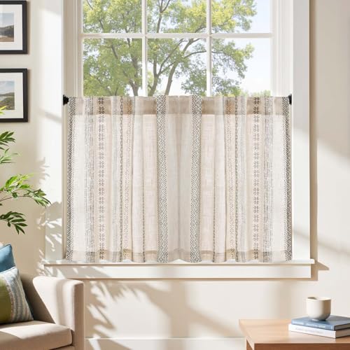 jinchan Liora Grey Boho Linen Tier Curtains 24 Inches Back Tab 2 Panels - color: Liora | Grey on Linen, size: 26"W x 24"L (Pack of 2)