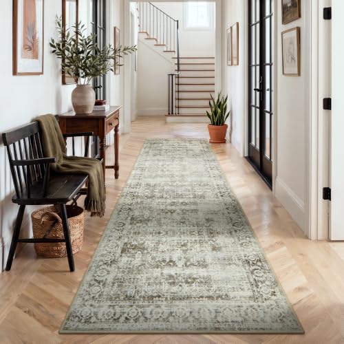 Morebes Extra Long Farmhouse Runner Rug 2.5 x 10, Brown Distressed Non Slip Washable Hallway Runner, Soft Vintage Boho Carpet Runner for Kitchen Entryway Hallway Laundry Room, 2 x 10 Runner Rug - color: Brown/Multi, size: 2.5' x 10' (Runner)