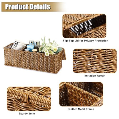 Sumnacon Wicker Storage Basket with Lid, Rectangle Bathroom Narrow Baskets - color: Brown