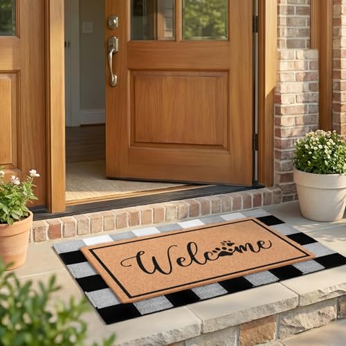 2-Piece Layered Welcome Mat Set - Coir Doormat & Buffalo Plaid Rug - color: Dog Paws