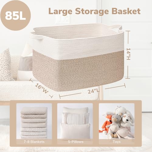 Goodpick 85L Large Woven Rope Blanket Basket, White & Light Brown - color: White & Light Brown, size: X-Large(23.6"L x 15.7"W x 13.8"H)