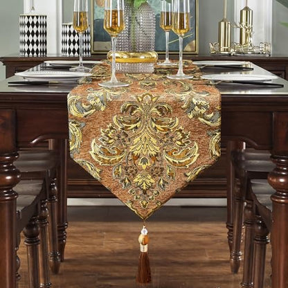Deluxe Embroidered Table Runner 84" Caramel Retro Chenille Jacquard Cloths - color: Caramel, size: 13x84“