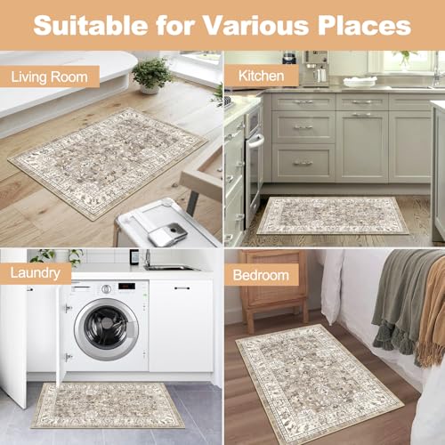 LOKHOM 2x3 Washable Area Rugs, Boho Floral Non-Slip Carpet Rug, Beige - color: Beige Brown, size: 2' x 3' (Rectangular)