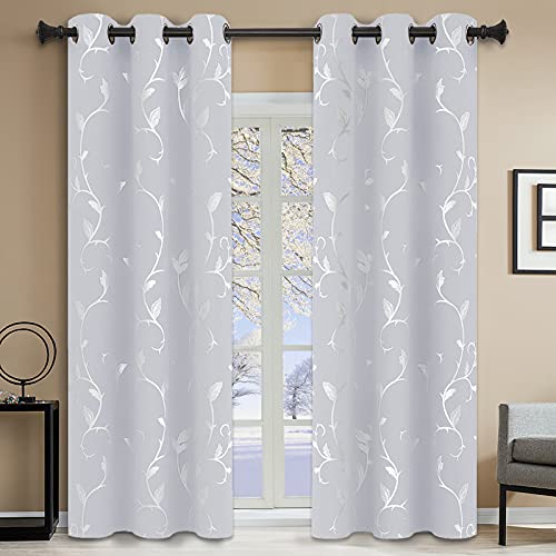BUHUA Blackout Grommet for Kids Bedroom, 84 Inch Long - Thermal Insulated Drapes, Heat Blocking Panels, Wave Lines with Flower Pattern (42 x 84 Inch, Greyish White, 2 Panels) - color: Greyish White, size: 42"W x 84"L (Pack of 2)